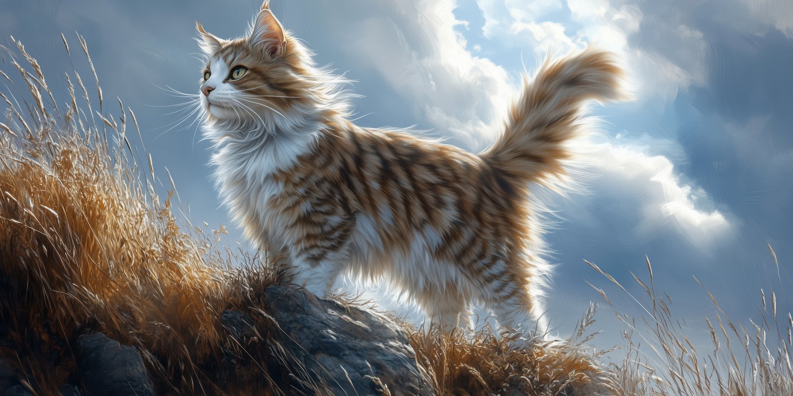 Majestic orange striped cat standing on a rocky hill against a dramatic cloudy sky in the afternoon light